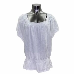 MERONA Solid White Short Dolman Sleeve Floral Eyelet Trim Smocked Blouse XL